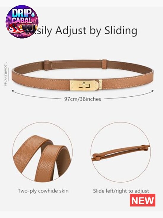 Skinny Leather Belt with Adjustable Silver Turn-Lock Buckle
